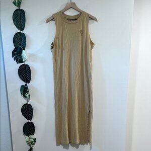 SOLISURF Tan Palm Tree Sleeveless Maxi Dress M L Side Slits Brown Tan